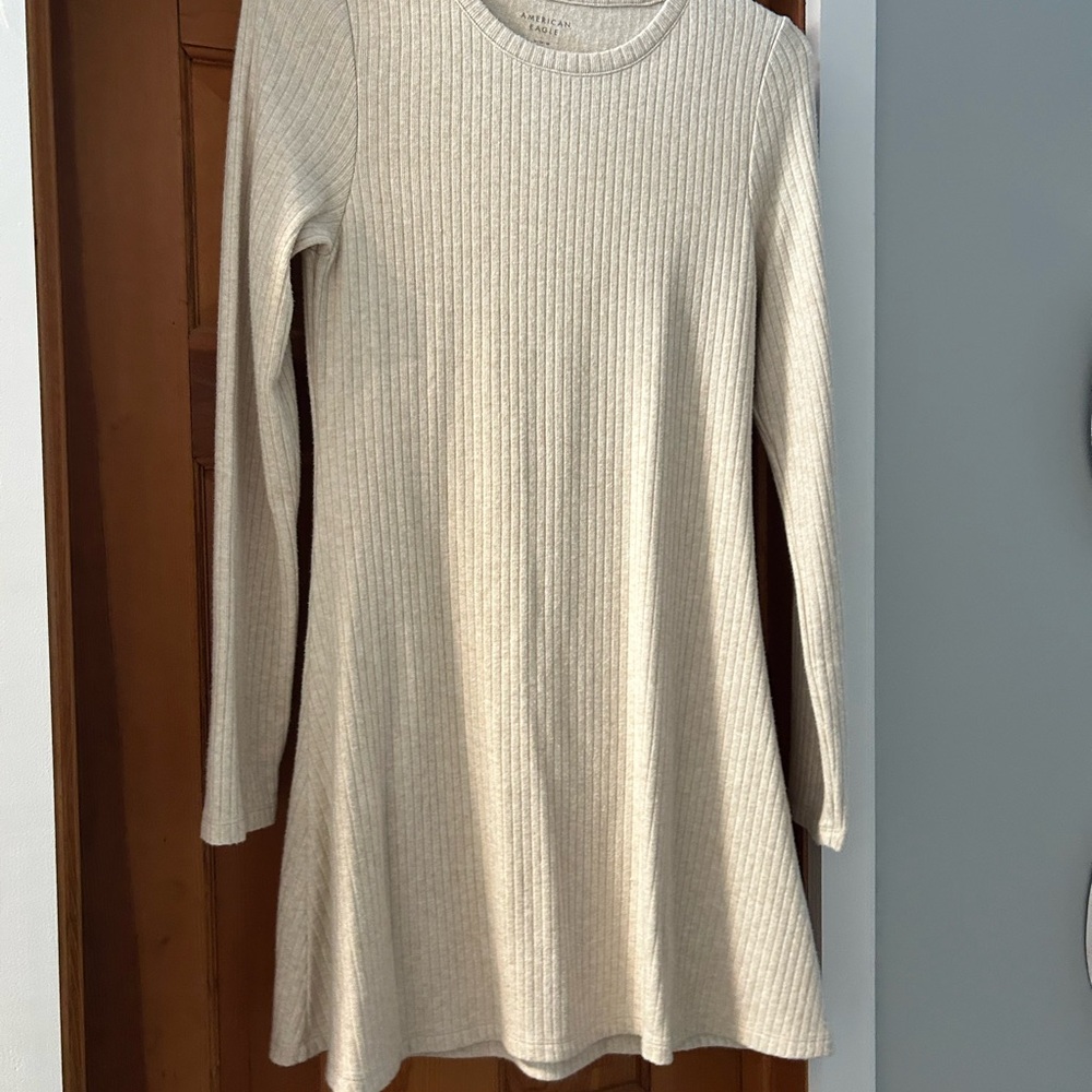 Cream Ribbed Long Sleeve Dress
